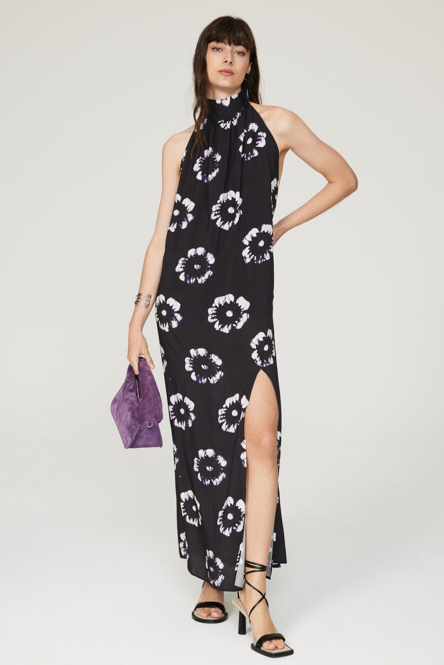 Busayo Collective Hibiscus Floral Print Black Halter Tie Neck Maxi Dress Size XS